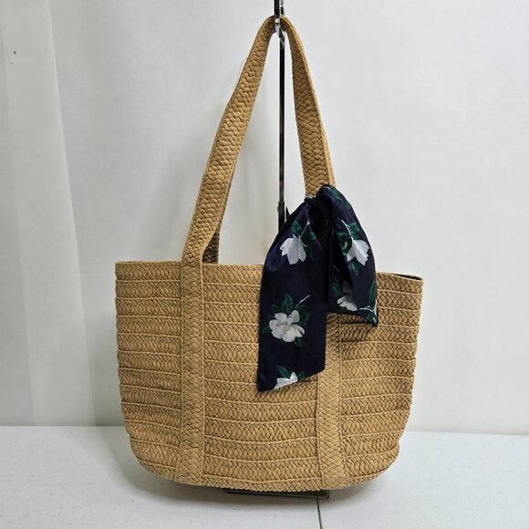Draper James Beige Tan Woven Straw Tote Shoulder Bag Handbag Boho Beach Big Blue - Picture 1 of 14